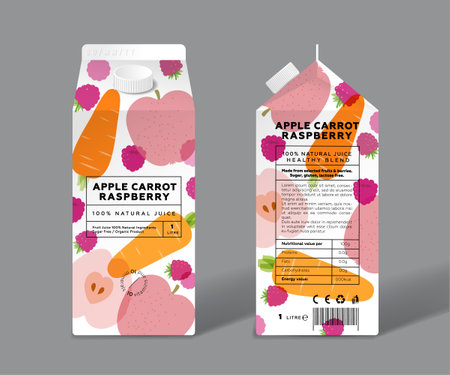 Transparent Red Apple, Carrot and Raspberry. Slices and half of fruits and berries. Template packaging design.のイラスト素材