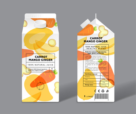 Transparent Mango, Carrot and Ginger. Slices and half of fruits and Ginger. Template packaging design.のイラスト素材