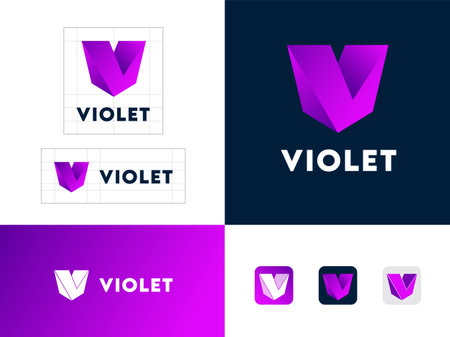 Violet . Letter V of impossible shape. Purple crystal as V monogram. identity. web buttons.のイラスト素材