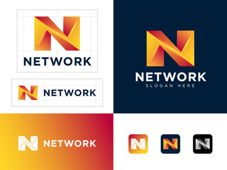 network . Letter N of impossible shape. Yellow-orange crystal as N monogram. identity. web buttons.のイラスト素材