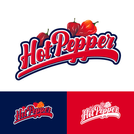 Hot pepper . Red letters with habanero peppers. vintage emblem. Flat and monochrome options.のイラスト素材
