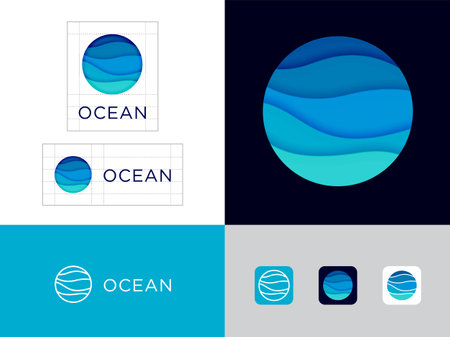 ocean . Blue and turquoise waves in a circle. Paper cut effect design style. identity. web buttons.のイラスト素材