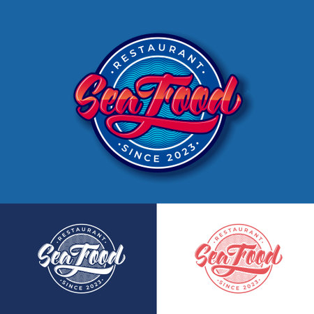 Seafood restaurant and fresh market emblem. Red lettering with decoration curl on circle with letters.のイラスト素材