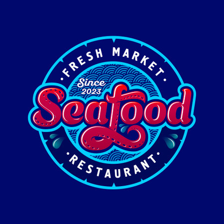 Seafood restaurant and fresh food market emblem. Lettering and circle letters. letter S and letter F with octopus tentacles.のイラスト素材