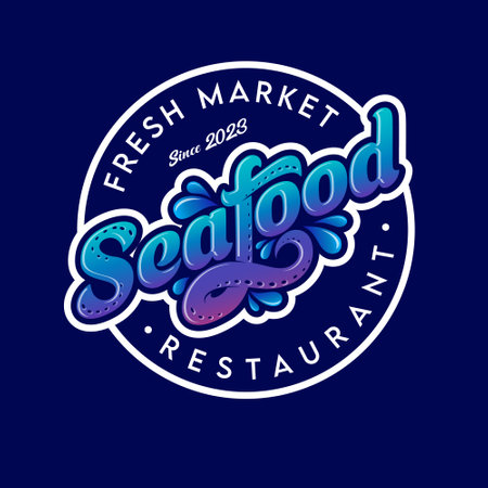 Seafood restaurant and fresh market emblem. Lettering and circle letters. letter S and letter F with octopus tentacles.のイラスト素材