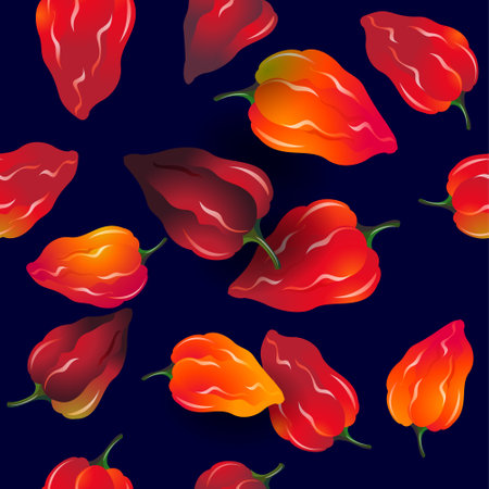 Seamless pattern with habanero peppers. Red and orange peppers on black background.のイラスト素材