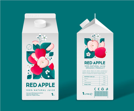 Red Apple Juice packaging. Apples with leaves and flowers. Grain and Noise Texture. Templates of Juice box.のイラスト素材