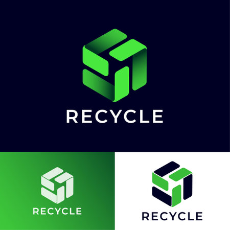 Green Recycle Box icon. Hexagon shape like green box. Symbol of cycle consists of green ribbons or paper strips.のイラスト素材
