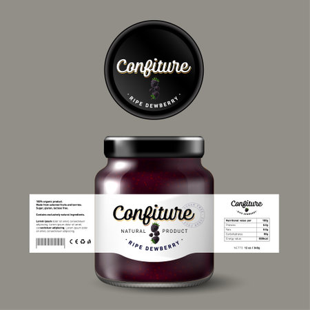 Dewberry confiture. Sweet food. White label with blackberry and letters. Mock up of glass jar with label.のイラスト素材