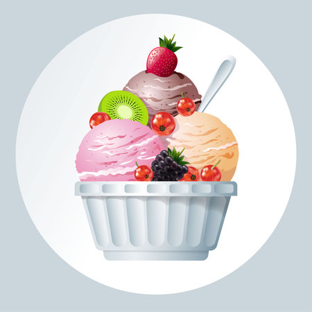 Three scoops of ice cream in white ice-cream bowl with fruits and berries. Fresh dessert illustration.のイラスト素材
