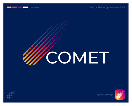 Comet logo. Astronomical object icon. Colorful icon consists of color strips. Identity, app icon.のイラスト素材