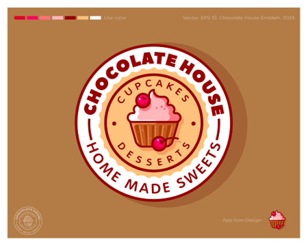 Chocolate house emblem. Identity. Chocolate cupcake with cherries in a circle. Identity. App button.のイラスト素材