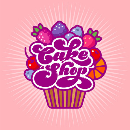Chocolate cupcake with lettering as cream topping and berry fruit mix. Sweet food icon. Illustration of dessert.のイラスト素材
