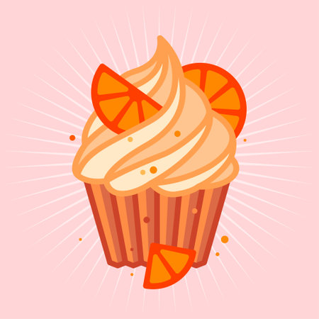 Chocolate cupcake with cream and slices of orange fruit. Sweet food icon. Illustration of dessert.のイラスト素材
