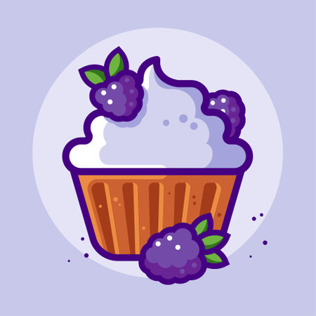 Chocolate cupcake with cream and dewberries. Sweet food icon. Illustration of dessert.のイラスト素材