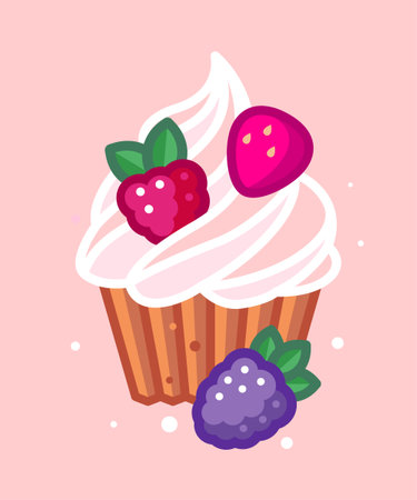 Cupcake with cream topping and berry mix. Sweet food icon. Illustration of dessert.のイラスト素材