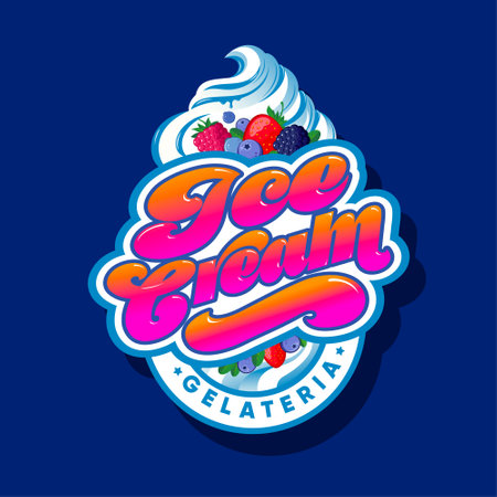 Ice Cream logo. Gelateria icon. Italian Ice Cream. Lettering with ice cream and berries.のイラスト素材