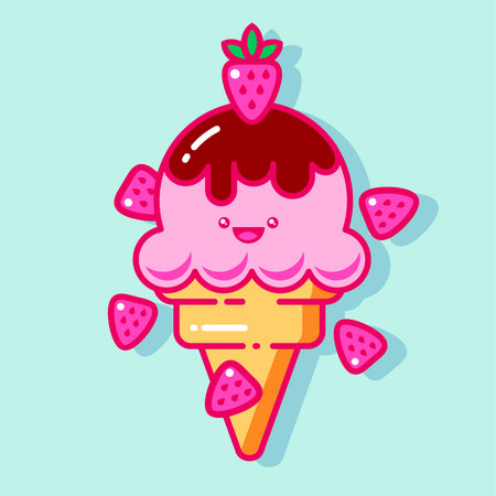 Kawaii ice cream illustration. Scoop of Ice cream with chocolate topping and strawberries.のイラスト素材