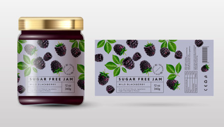 Blackberry or Dewberry jam. Jam for a healthy diet sugar free. Ripe berries and frames with text on a light background.のイラスト素材