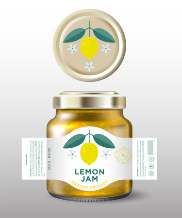 Lemon Jam label and packaging. Glass jar mockup with golden lid and label.のイラスト素材