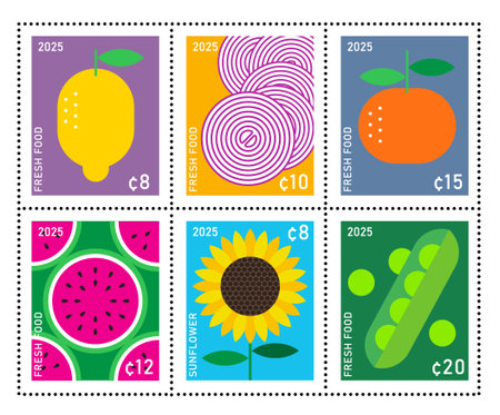 Set of Postage Stamps with images of different food on color backgrounds. Vegetables, fruits and berries.のイラスト素材