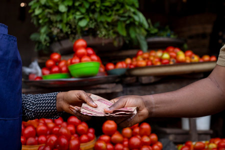 Close-up view of a transaction in a local market, with hands exchanging money surrounded by fresh tomatoes and greens, depicting commerce, community support, and agriculture.の写真素材