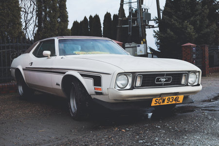 Front view of a classic, vintage Ford Mustang car from the 1970s.