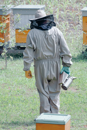 A beekeeper in a protective outfit working in an apiary.