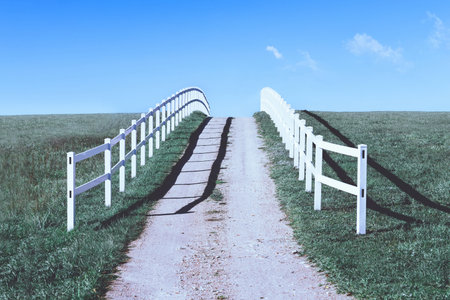 Picturesque path through the meadows bordered by a white wooden fence.の写真素材