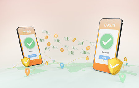 3D rendering of online money transfer by having a credit card connection and have a safety supervision system concept, Online money transactions, mobile payments using a smartphone.の写真素材