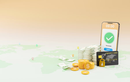 3D rendering of online money transfer by having a credit card connection and have a safety supervision system concept, Online money transactions, mobile payments using a smartphone.の写真素材