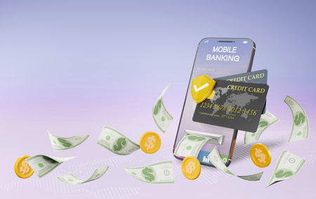 3D rendering of online money transfer by having a credit card connection and have a safety supervision system concept, Online money transactions, mobile payments using a smartphone.の写真素材