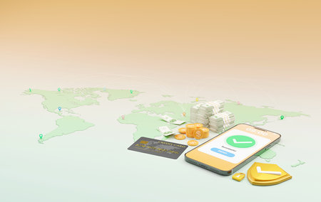3D rendering of online money transfer by having a credit card connection and have a safety supervision system concept, Online money transactions, mobile payments using a smartphone.の写真素材