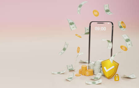 3D rendering of concept Illustration of Digital Money Having Security, Mobile Banking, Online Wallet, Financial payment via a smartphone, Money Online and Mobile Phone.の写真素材