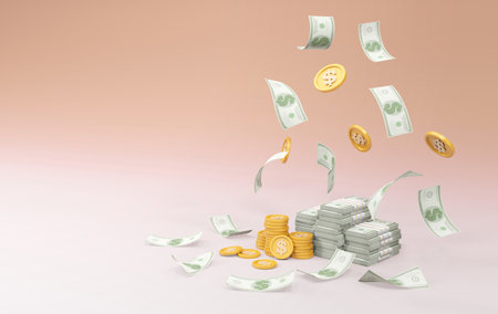 3D rendering of stack of dollar coins and banknotes. Budget, fund, money, investment profit. Financial services. Falling green paper bills and gold coins.の写真素材