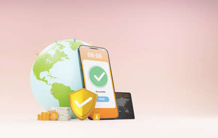 3D rendering of online money transfer by having a credit card connection and have a safety supervision system concept, Online money transactions, mobile payments using a smartphone.の写真素材