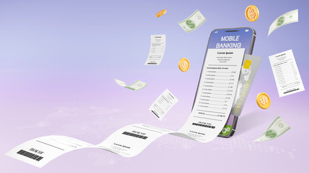 3D rendering of mobile phone online payment. pay the bill of invoices. online transaction Mobile application for digital money transfersの写真素材