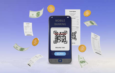 3D rendering of qr code scanning and mobile phone online payment. Mobile scan QR code, pay the bill of invoices. online transaction Mobile application for digital money transfersの写真素材