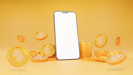 3D rendering of stack of dollar coins and smartphone. Mobile. Budget, fund, money, investment profit. Financial services. Falling gold coins.の写真素材