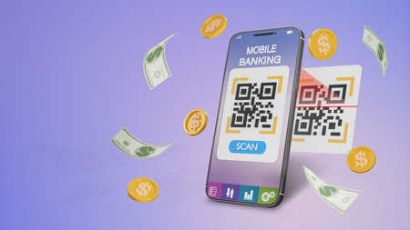 3D rendering of qr code scanning and mobile phone online payment. Mobile scan QR code, pay the bill of invoices. online transaction Mobile application for digital money transfersの写真素材