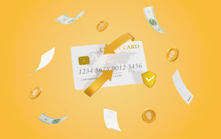 3D Rendering of online payments credit or debit card with payment protection concept. online banking and online shopping. money transfer. Financial transactions. Cash back. coins floating.の写真素材