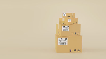 3D render of pile of stacked realistic cardboard brown delivery boxes mockup on brown background....