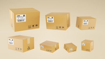 3D render of pile of stacked realistic cardboard brown delivery boxes mockup on brown background. delivery cargo box with fragile care sign symbol, handling with care. Parcel packaging template.の写真素材