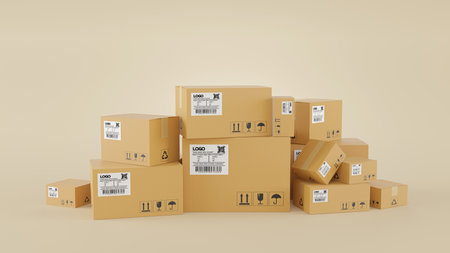 3D render of pile of stacked realistic cardboard brown delivery boxes mockup on brown background. delivery cargo box with fragile care sign symbol, handling with care. Parcel packaging template.の写真素材