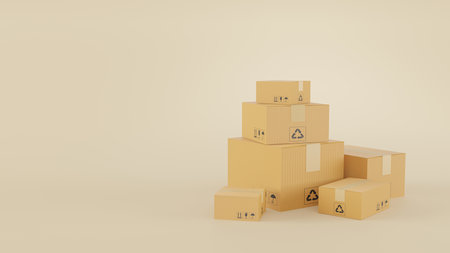 3D render of realistic cardboard brown delivery boxes mockup set closed isolated on brown background. delivery cargo box with fragile care sign symbol, handling with care. Parcel pの写真素材
