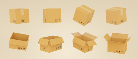 3D render of realistic cardboard brown delivery boxes mockup set closed isolated on brown background. delivery cargo box with fragile care sign symbol, handling with care. Parcel pの写真素材