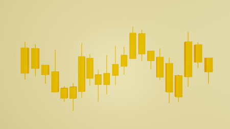 3d rendering of gold candlestick chart isolated on Yellow background. financial and stock markets, trading cryptocurrency concept, investment trading, forex.の写真素材