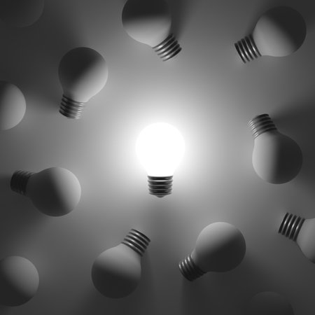 Light bulbs with glowing one different idea. Creativity and innovation ideas concept. Leadership, innovation, great idea and individuality concepts. 3d renderingの写真素材