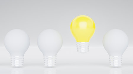 Light bulbs with glowing one different idea. Creativity and innovation ideas concept. Leadership, innovation, great idea and individuality concepts. 3d renderingの写真素材