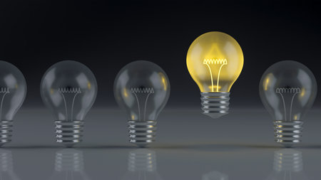Light bulbs with glowing one different idea. Creativity and innovation ideas concept. Leadership, innovation, great idea and individuality concepts. 3d renderingの写真素材
